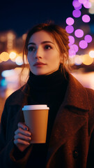 young man in coat with cup of coffee in hand, enjoying the night atmosphere with city lights in the background.