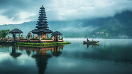 Ancient Pura Ulun Danu Beratan Temple Iconic Balinese Hindu Shrine on Lake with Misty Mountains and Dramatic Clouds Creating Spiritual Cultural Landmark