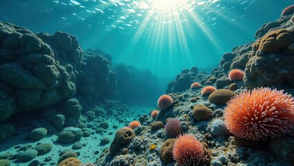 Obraz premium Sunlight illuminating a coral reef on an underwater slope showing signs of bleaching 