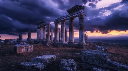Naklejka premium Ancient Temple Ruins with Crumbling Columns Under Dramatic Stormy Sky at Dusk