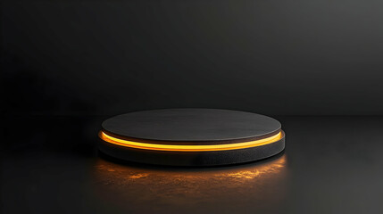 Black Circular Presentation Platform With Glowing Orange Light Isolated On Dark Background Studio Shot