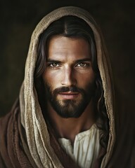 Authentic Jesus Christ Portrait Capturing Timeless Compassion and Profound Gaze in Simple, Earthy Attire Evoking Humble Spiritual Depth and Humanity