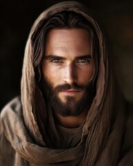 Authentic Jesus Christ Portrait Capturing Timeless Compassion and Profound Gaze in Simple, Earthy Attire Evoking Humble Spiritual Depth and Humanity