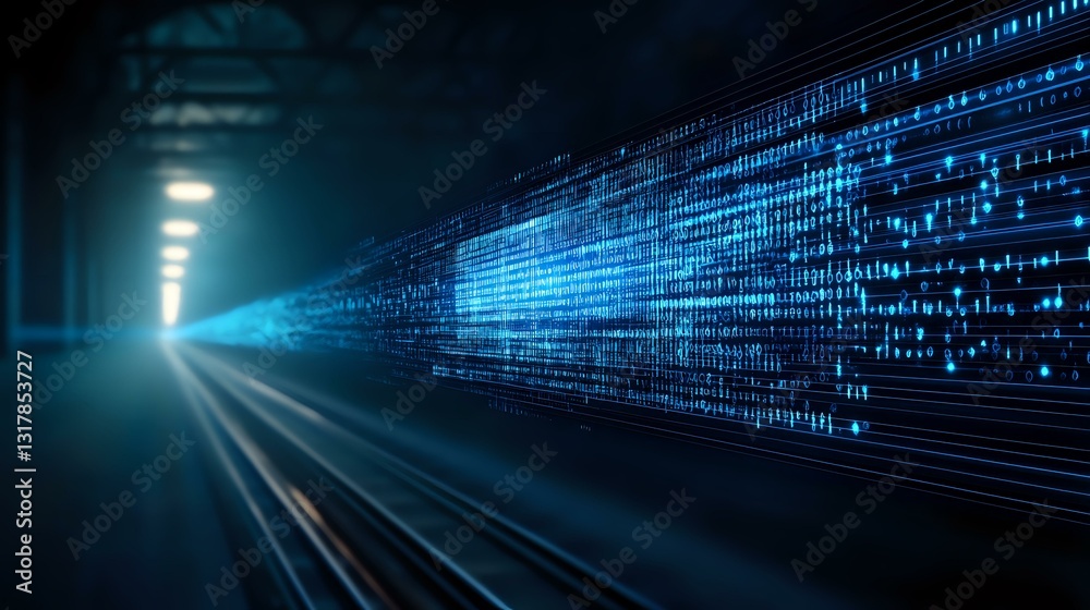 Poster digital data stream flowing through glowing blue tunnel with binary code elements and light effects,