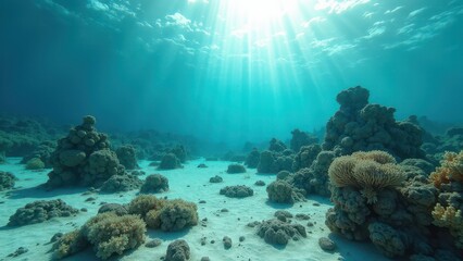 Obraz premium Sunlight shining on a damaged coral reef with bleached corals and sandy ocean floor 
