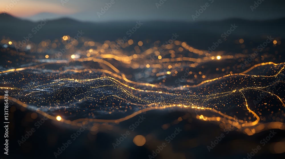 Aufkleber abstract glowing golden waves and particles on dark background with bokeh effect create futuristic n