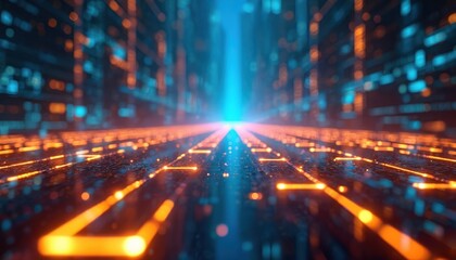 Futuristic data transfer abstract cyber background shows orange, blue glowing light streaks in technology concept. Ideal for science, big data, artificial intelligence, network, crypto, blockchain,