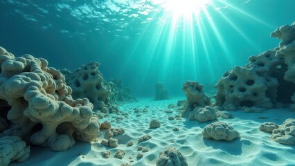Fototapeta premium Sunlight shining on a damaged coral reef with bleached corals and sandy ocean floor 
