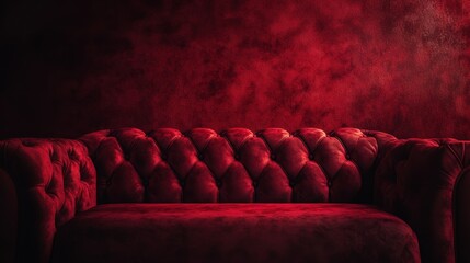 Fototapeta premium Luxurious red velvet chesterfield sofa in front of red wall