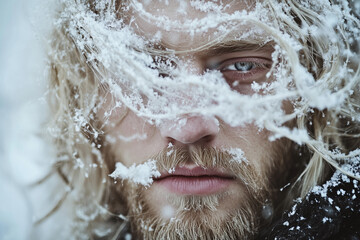 Man with Snow Covered Hair and Beard Close up Portrait