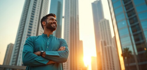 Happy arabian businessman crosses arms at Dubai downtown. Modern skyscrapers at sunset. Smiles, thinks of future success, dreaming new investments, stands street confident, proud. Middle east travel.