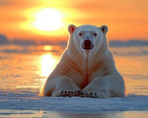 In the heart of the Arctic wilderness, a lone polar bear finds solace, basking in the radiant embrace of a winter sunset Its pristine white fur glows with golden hues, mirroring the celestial fire