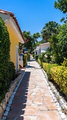 Fototapeta premium Sunny resort pathway, tropical plants