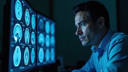 A focused White male medical expert studies brain imaging on multiple screens, working late to provide accurate diagnostic insights to patients