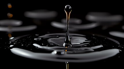 Obraz premium Single water drop creating ripple effect on dark liquid surface with dramatic lighting, capturing moment of impact in high-speed macro photography. Artistic minimalist composition.