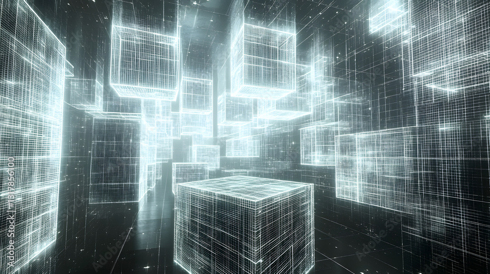 Wall mural an immersive digital 3d-rendered scene depicting glowing wireframe cubes floating in a cybernetic sp