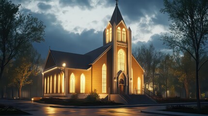 Elegant Exterior of a Historic Mormon Church with Classic Architectural Detailing and Warm Illuminated Facade Evoking Community and Heritage
