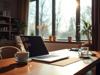 A cozy home office with a laptop, a cup of coffee, and sunlight streaming through large windows, modern interior design, shot on a professional camera with high detail and soft focus, warm tones