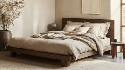 A serene bedroom with a large bed, wooden nightstand, and a window.