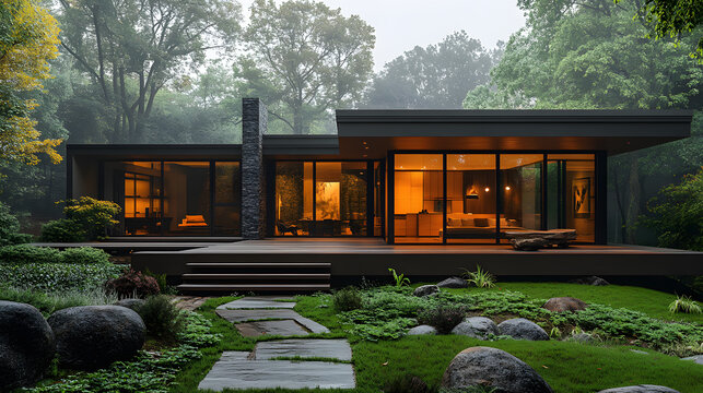 A stunning modern cabin with minimalist geometric design, large glass windows, and warm interior lighting, nestled in a lush green forest