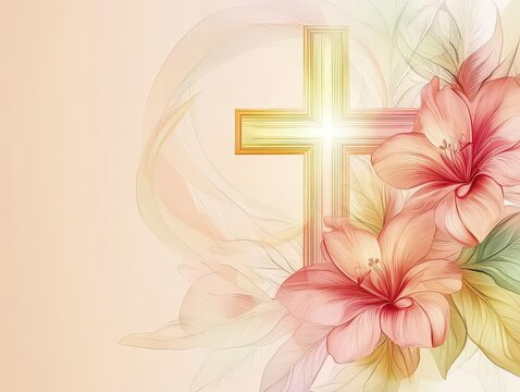 Elegant Religious Celebration Invitation Featuring Abstract Floral Designs and a Radiant Cross Symbolizing Baptism and First Communion