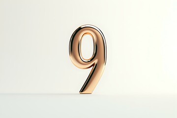 Metallic rose gold number nine standing on white surface with soft shadow. Clean minimal design isolated on light background for typography and counting.