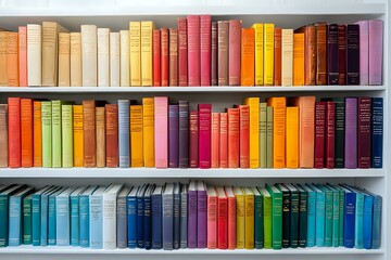 Fototapeta premium Colorful hardcover books arranged by spectrum colors on white library shelves, creating rainbow pattern. Collection shows spines in blue, orange, pink, and yellow tones.