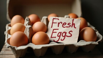A carton filled with brown eggs showcases a handwritten sign declaring fresh eggs, illuminated by soft natural light