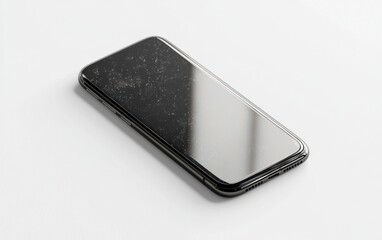 Black Smartphone with Glittering Screen on White Surface