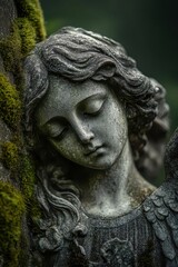 Fototapeta premium Ethereal Mourning Angel Statue in Ancient Cemetery with Dramatic Weathered Stone Textures and Misty Atmosphere
