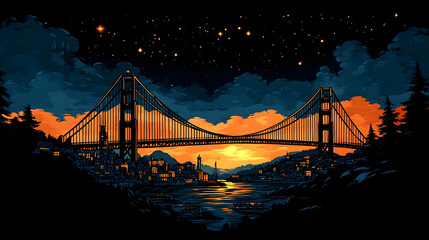 Obraz premium Nighttime cityscape with iconic bridge, vibrant colors, and starry sky