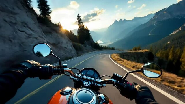 A motorcycle speeds along a winding mountain road, capturing the open road and nature.