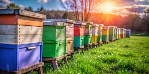 Colorful Beehives in Lush Green Meadow - Minimalist Stock Photo