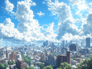 Fototapeta premium Panoramic city view under a vibrant sky filled with fluffy clouds. A blend of modern and traditional architecture is visible. Lush green trees and foliage are dotted throughout the cityscape