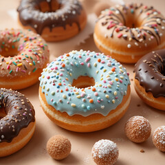 Assorted Donuts with Sprinkles, Chocolate Glaze, and Powdered Sugar &ndash; High-Resolution Food Photography with Donut Holes on Light Beige Background, Soft Natural Lighting