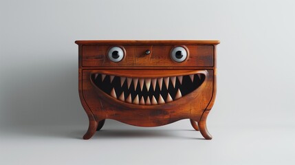 A chest of drawers with handles shaped like eyes and a wide, open-mouthed grin, positioned on a smooth white surface. 