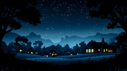 Fototapeta premium Peaceful night in a small village nestled in the hills