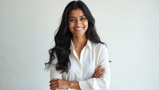 Confident Indian woman smiles against white background. Authentic portrait of adult female entrepreneur in casual attire. Happy lady demonstrates successful business, modern lifestyle, expresses