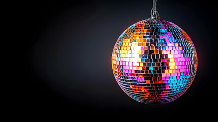 Obraz premium Shining Disco Ball against Dark Background with Colorful Reflections and Sparkles in Geometric Design