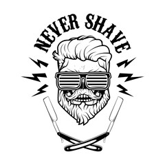 Barber shop emblems. Set of the barber tools. Different hairstyles. Design elements for logo, label, emblem, sign, badge.