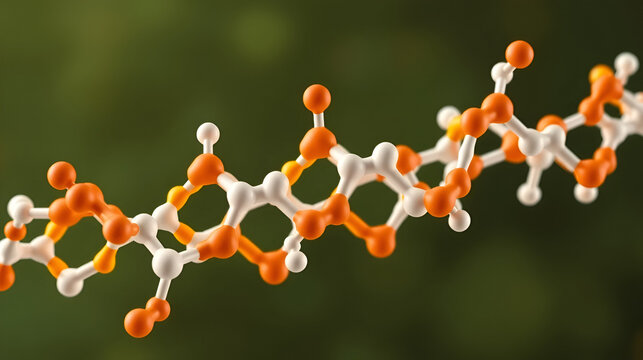 A stylized 3D illustration of a carbohydrate molecular structure, showcasing a complex network of carbon, hydrogen, and