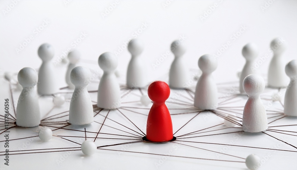 Fototapete a red figure stands out from the crowd among linked white figures representing leadership and networ