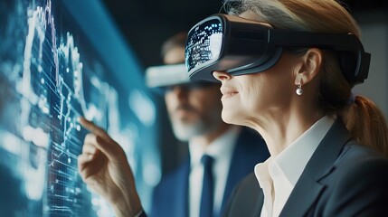 Immersive Analytics: Business professionals using VR to visualize complex data in a cutting-edge office setting. Grasp the convergence of business and tech.