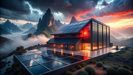 Obraz premium Eerie Night: Modern Solar Building in Misty Mountain Landscape