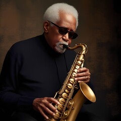 Fototapeta premium Elderly Jazz Saxophonist Playing with Passion in Studio Light