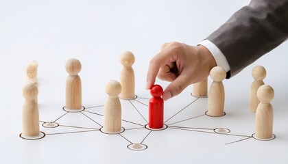 Obraz premium a person's hand carefully placing a red figure in the center of a network of interconnected wooden figures, symbolizing leadership and connection