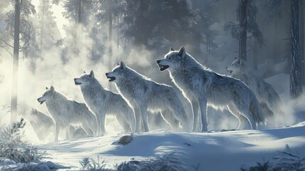 Obraz premium Majestic Wolf Pack in Moonlit Winter Forest Standing Alert on Snowy Ridge
