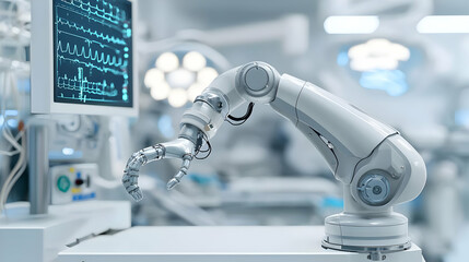White Robotic Arm In A Modern Surgical Room With Blue Displays And Bright Lighting