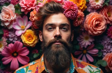 Portrait of man with beard adorned with colorful flowers. Wears floral shirt. Sensual trendy male surrounded by blossom. Natural beauty, spring bloom, vibrant fresh garden. Romantic individual