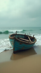 Fototapeta premium A weathered fishing boat with a faded blue hull rests on a sandy beach, partially covered by gentle waves, showcasing its age and neglect under a cloudy sky.